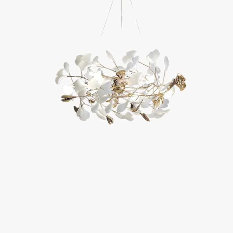 Suspension Florale Design avec Feuilles Blanches et Finition Dorée